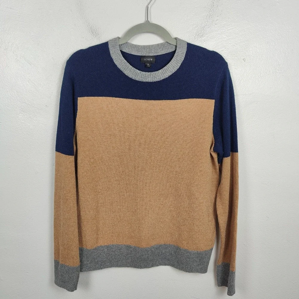 J‎ Crew Sweater Mens Small Colorblock Merino Wool Blend Sweater Navy Tan Grey